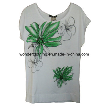 Serigrafia con Rhinestone Ladies Fashion Design camiseta de algodon